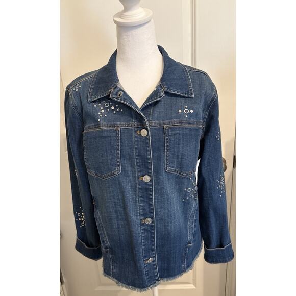 Chico’s Americana Fireworks Denim Jacket Size 2 Studded Stars Distressed Hem - Picture 3 of 8